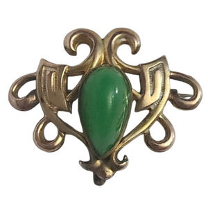 Antique Art Nouveau Gold Filled Watch Fob Keeper Nephrite Jade Pin Brooch